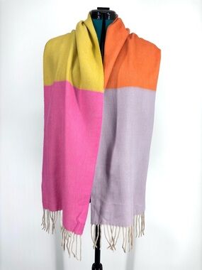 FRAAS Pink, Yellow, Orange & Lavender Colorblock Twill Fringed Scarf, 64” x 11”